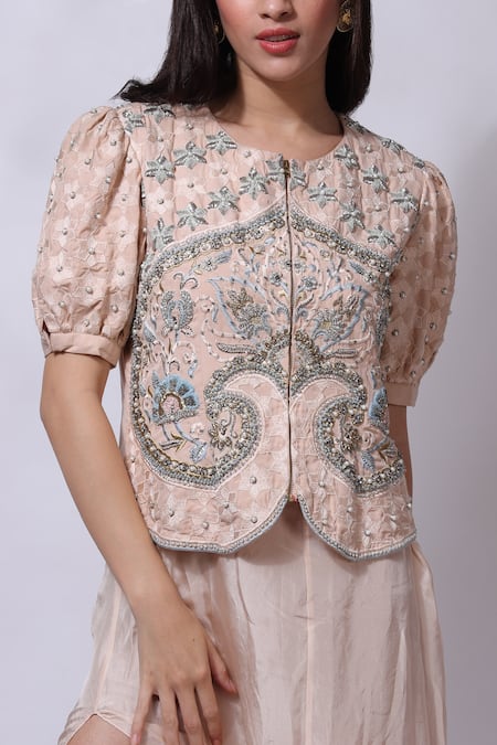 Shop_Sonali Gupta_Peach 100% Silk Embroidered Hand Asymmetric Dress With Blouse  _Online_at_Aza_Fashions