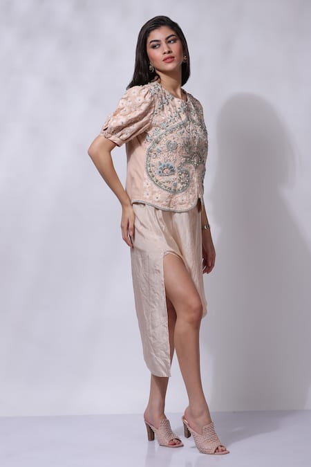 Sonali Gupta_Peach 100% Silk Embroidered Hand Asymmetric Dress With Blouse  _at_Aza_Fashions