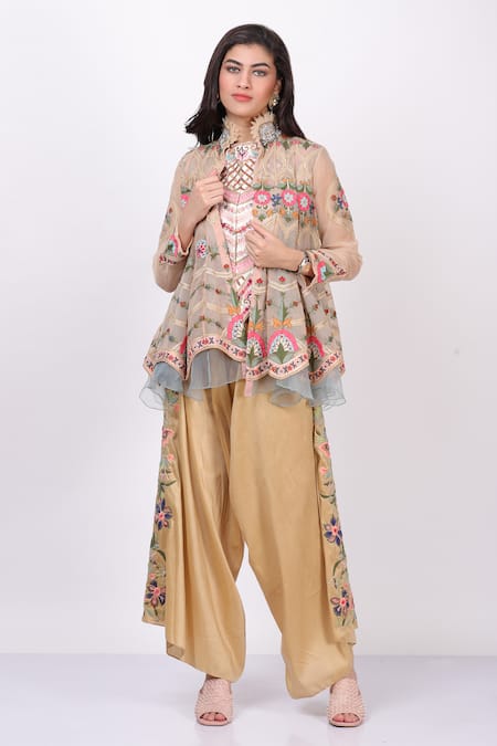 Sonali Gupta_Peach Silk Embroidered High Collared Jacket Pant Set _Online_at_Aza_Fashions