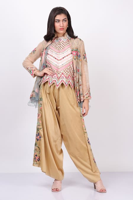 Buy_Sonali Gupta_Peach Silk Embroidered High Collared Jacket Pant Set _Online_at_Aza_Fashions