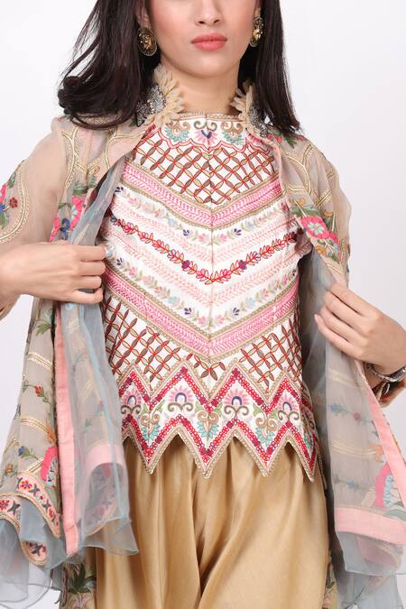 Shop_Sonali Gupta_Peach Silk Embroidered High Collared Jacket Pant Set _Online_at_Aza_Fashions