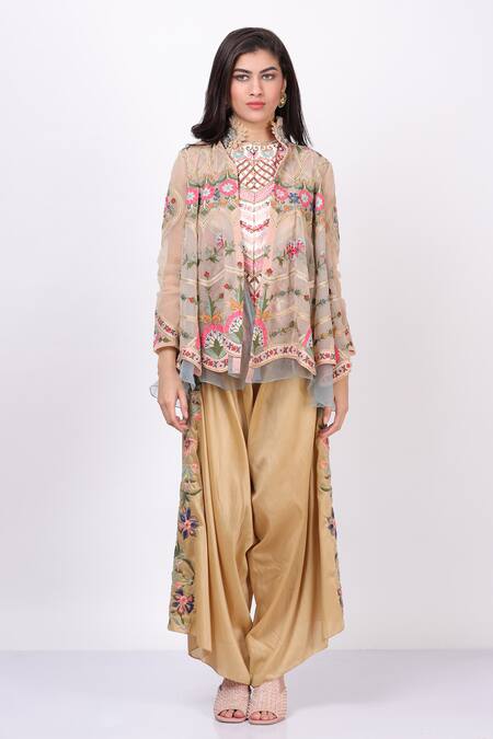 Sonali Gupta_Peach Silk Embroidered High Collared Jacket Pant Set _at_Aza_Fashions
