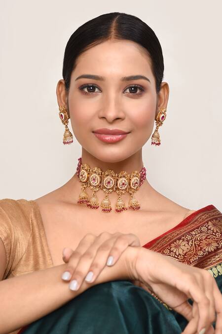 BelsI'S_Pink Diamonds, Pearls, Stones Embellished Choker Necklace Set_Online_at_Aza_Fashions