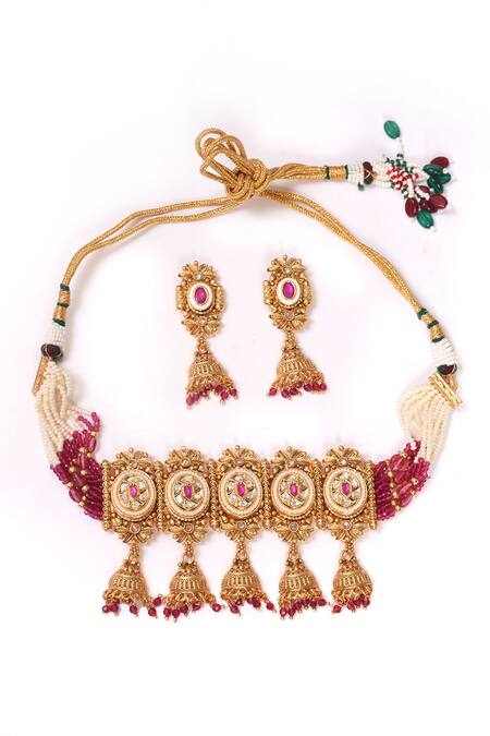 Shop_BelsI'S_Pink Diamonds, Pearls, Stones Embellished Choker Necklace Set_Online_at_Aza_Fashions