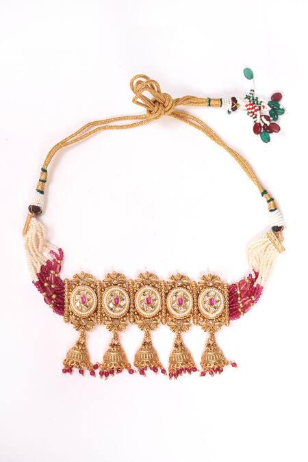 BelsI'S_Pink Diamonds, Pearls, Stones Embellished Choker Necklace Set_at_Aza_Fashions