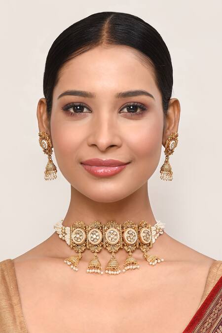 BelsI'S_White Diamonds, Pearls Embellished Choker Necklace Set_Online_at_Aza_Fashions