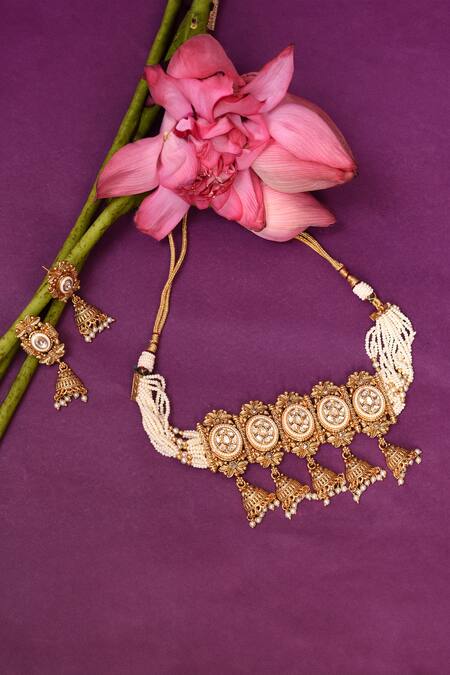 Buy_BelsI'S_White Diamonds, Pearls Embellished Choker Necklace Set_Online_at_Aza_Fashions