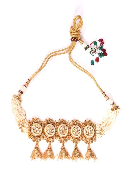 BelsI'S_White Diamonds, Pearls Embellished Choker Necklace Set_at_Aza_Fashions