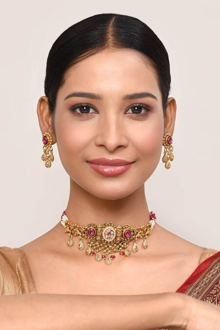 BelsI'S_Pink Diamonds, Stones Pearls Work Choker Necklace Set_Online_at_Aza_Fashions