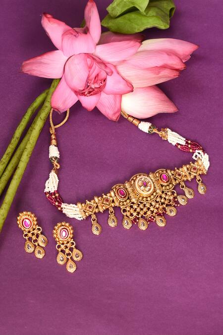 Buy_BelsI'S_Pink Diamonds, Stones Pearls Work Choker Necklace Set_Online_at_Aza_Fashions