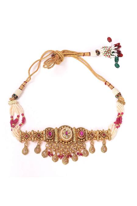 BelsI'S_Pink Diamonds, Stones Pearls Work Choker Necklace Set_at_Aza_Fashions