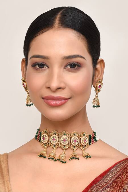 BelsI'S_Pink Diamonds, Pearls Kundan Polki Embellished Choker Necklace Set_Online_at_Aza_Fashions