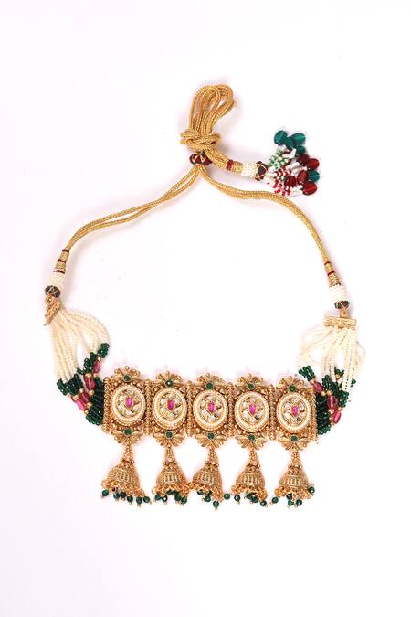 BelsI'S_Pink Diamonds, Pearls Kundan Polki Embellished Choker Necklace Set_at_Aza_Fashions