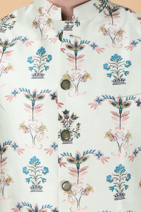 Manish Nagdeo_Green Silk, Cotton Embroidery Floral Printed Bundi And Kurta Set _at_Aza_Fashions