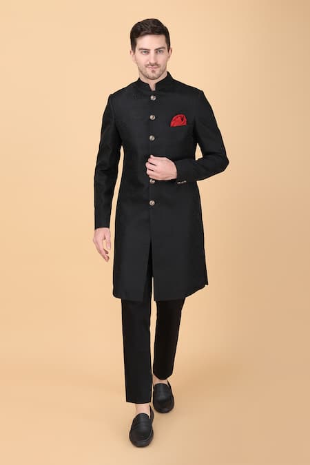 Manish Nagdeo Black Sherwani Art Silk Brocade Floral Pattern With Pant 