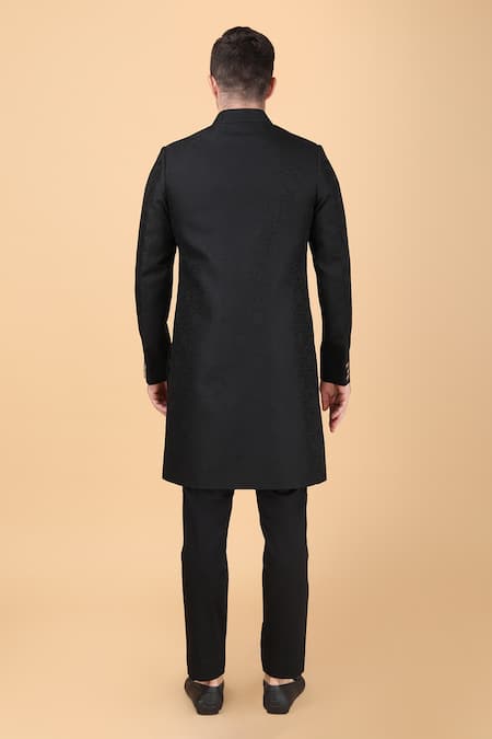 Shop_Manish Nagdeo_Black Sherwani Art Silk Brocade Floral Pattern With Pant _at_Aza_Fashions