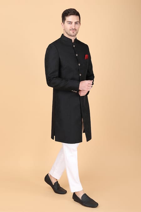 Manish Nagdeo_Black Brocade, Polyester Embroidery Pattern Sherwani With Pant _Online_at_Aza_Fashions