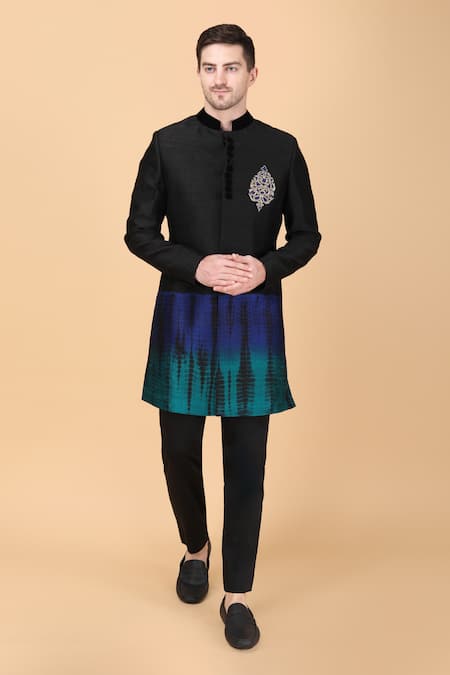 Manish Nagdeo Black Silk Embroidery Placement Tie Dye Pattern Sherwani With Pant Online at Aza Fashions Manish Nagdeo_Black Silk Embroidery Placement Tie Dye Pattern Sherwani With Pant _Online_at_Aza_Fashions