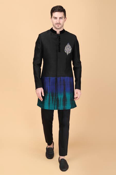 Buy Manish Nagdeo Black Silk Embroidery Placement Tie Dye Pattern Sherwani With Pant Online at Aza Fashions Buy_Manish Nagdeo_Black Silk Embroidery Placement Tie Dye Pattern Sherwani With Pant _Online_at_Aza_Fashions