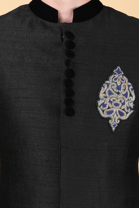 Shop Manish Nagdeo Black Silk Embroidery Placement Tie Dye Pattern Sherwani With Pant Online at Aza Fashions Shop_Manish Nagdeo_Black Silk Embroidery Placement Tie Dye Pattern Sherwani With Pant _Online_at_Aza_Fashions