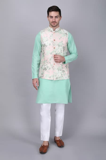 Shop Manish Nagdeo Blue Silk, Cotton Embroidery Floral Print Bundi And Kurta Set Online at Aza Fashions Shop_Manish Nagdeo_Blue Silk, Cotton Embroidery Floral Print Bundi And Kurta Set_Online_at_Aza_Fashions