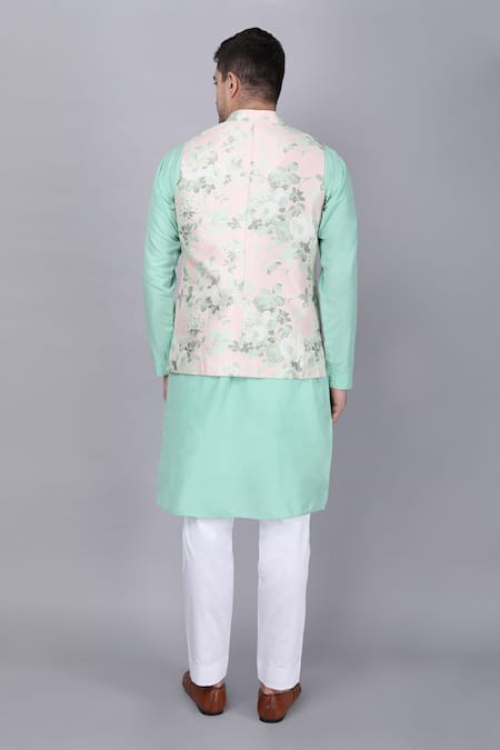 Shop Manish Nagdeo Blue Silk, Cotton Embroidery Floral Print Bundi And Kurta Set at Aza Fashions Shop_Manish Nagdeo_Blue Silk, Cotton Embroidery Floral Print Bundi And Kurta Set_at_Aza_Fashions