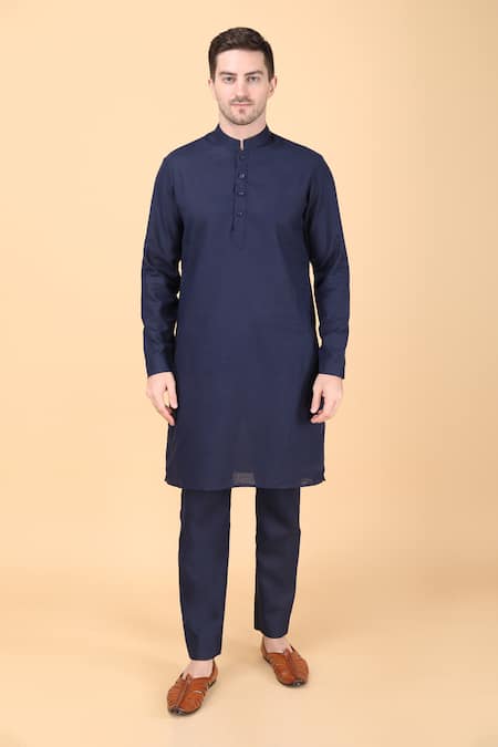 Buy_Manish Nagdeo_Blue Silk Embroidery Motif Hand Bundi Kurta Set _Online_at_Aza_Fashions