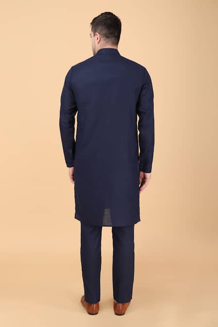 Shop_Manish Nagdeo_Blue Silk Embroidery Motif Hand Bundi Kurta Set _Online_at_Aza_Fashions