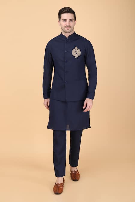 Manish Nagdeo_Blue Silk Embroidery Motif Hand Bundi Kurta Set _at_Aza_Fashions