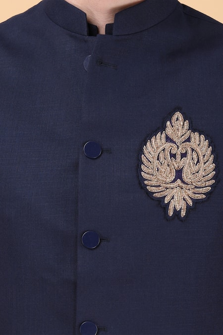 Buy_Manish Nagdeo_Blue Silk Embroidery Motif Hand Bundi Kurta Set 