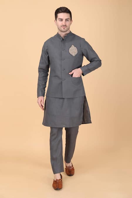 Manish Nagdeo_Gray Silk Embroidery Grey Placement Hand Bundi Set _at_Aza_Fashions
