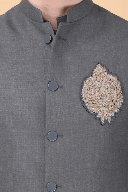 Buy_Manish Nagdeo_Gray Silk Embroidery Grey Placement Hand Bundi Set 