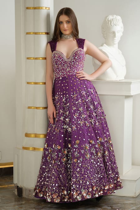 Tamaraa By Tahani Purple Tulle Hand Embroidered Sequin Plunged Sweetheart Neck And Cut Dana Gown 