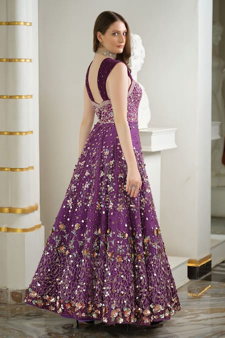 Shop_Tamaraa By Tahani_Purple Silk, Tulle Sequins, Beads Sweetheart Neck And Cut Dana Embroidered Gown _at_Aza_Fashions