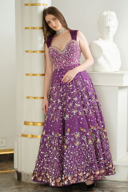 Tamaraa By Tahani_Purple Silk, Tulle Sequins, Beads Sweetheart Neck And Cut Dana Embroidered Gown _Online_at_Aza_Fashions