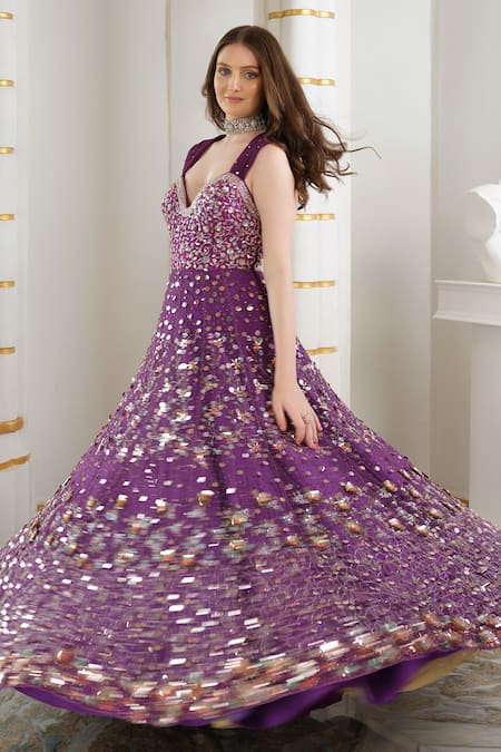 Tamaraa By Tahani_Purple Silk, Tulle Sequins, Beads Sweetheart Neck And Cut Dana Embroidered Gown _at_Aza_Fashions