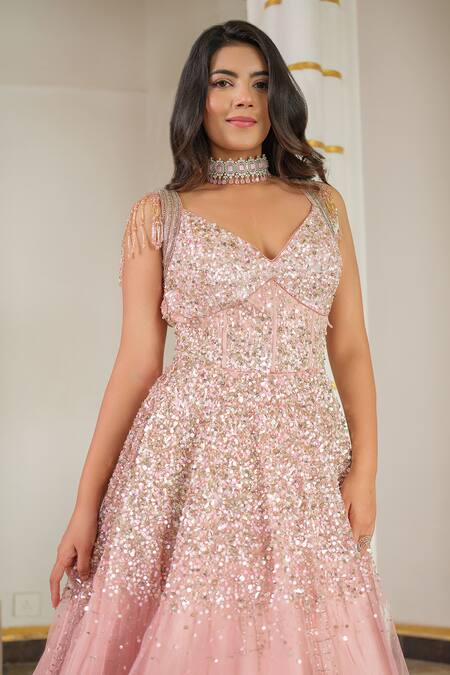 Buy_Tamaraa By Tahani_Pink Tulle, Satin Sequins, Crystals, Cut Work Dana And Embroidered Gown _Online_at_Aza_Fashions