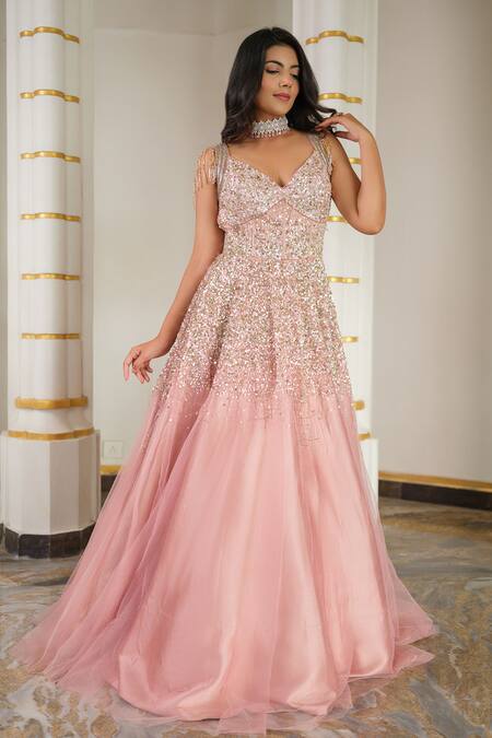 Shop_Tamaraa By Tahani_Pink Tulle, Satin Sequins, Crystals, Cut Work Dana And Embroidered Gown _Online_at_Aza_Fashions