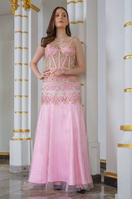 Tamaraa By Tahani Pink Tulle Hand Embroidered Sequin Keyhole Boat Neck Fish Cut Gown