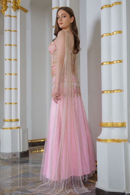 Shop_Tamaraa By Tahani_Pink Tulle, Satin Sequins, Crystals, Pearls Keyhole Embroidered Fish Cut Gown _at_Aza_Fashions