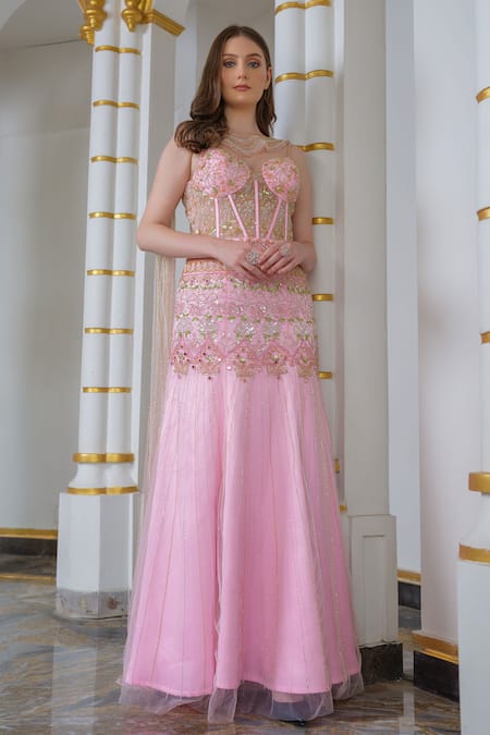 Tamaraa By Tahani_Pink Tulle, Satin Sequins, Crystals, Pearls Keyhole Embroidered Fish Cut Gown _Online_at_Aza_Fashions