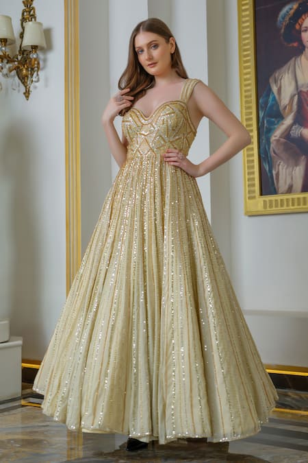 Tamaraa By Tahani_Gold Taffeta, Tissue Sequins, Crystals, Beads And Cut Dana Embroidered Flared Gown _Online_at_Aza_Fashions