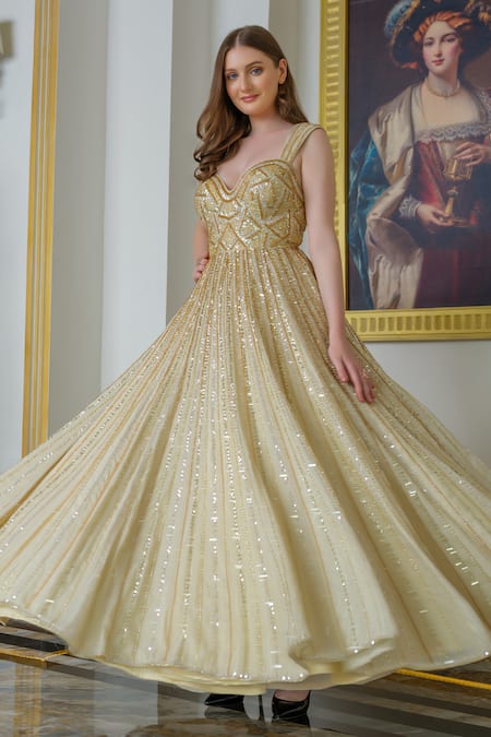 Buy_Tamaraa By Tahani_Gold Taffeta, Tissue Sequins, Crystals, Beads And Cut Dana Embroidered Flared Gown _Online_at_Aza_Fashions