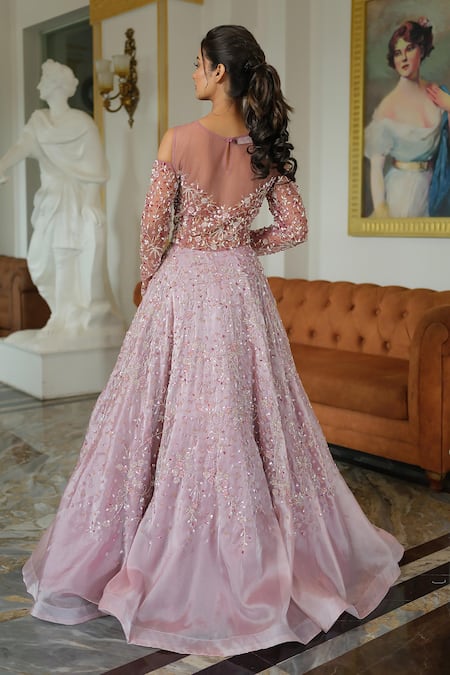 Shop_Tamaraa By Tahani_Purple Satin, Organza Sequins, Crystals, And Cut Dana Embroidered Flared Gown _at_Aza_Fashions