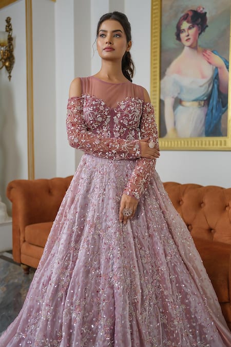 Tamaraa By Tahani_Purple Satin, Organza Sequins, Crystals, And Cut Dana Embroidered Flared Gown _Online_at_Aza_Fashions