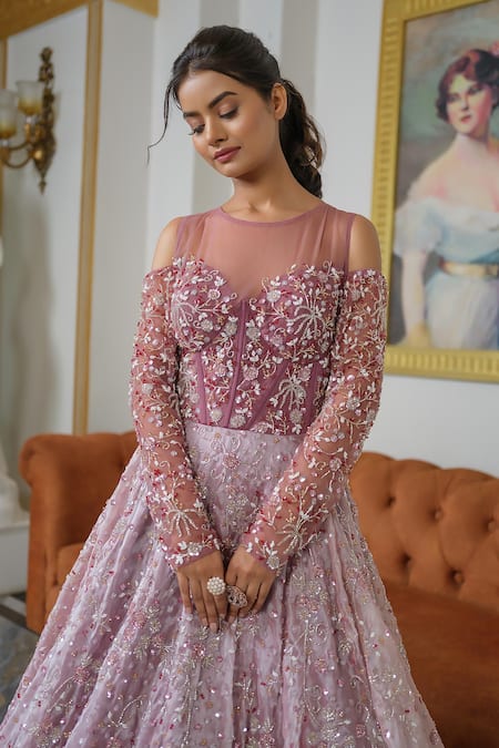 Buy_Tamaraa By Tahani_Purple Satin, Organza Sequins, Crystals, And Cut Dana Embroidered Flared Gown _Online_at_Aza_Fashions