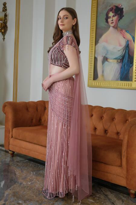 Shop_Tamaraa By Tahani_Purple Tulle, Satin Pearls, Beads Embellished Pre-draped Saree And Blouse Set _Online_at_Aza_Fashions