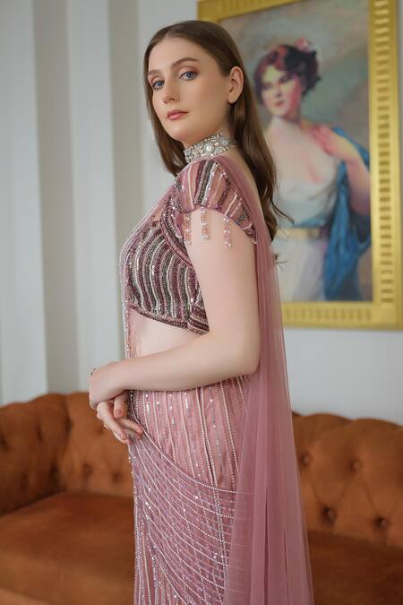 Tamaraa By Tahani_Purple Tulle, Satin Pearls, Beads Embellished Pre-draped Saree And Blouse Set _at_Aza_Fashions