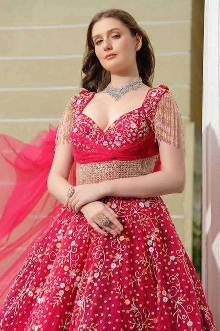 Tamaraa By Tahani_Pink Silk, Tulle Sequins, Crystals, Cut Work Sweetheart Dana And Embroidered Gown _Online_at_Aza_Fashions