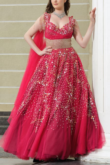 Buy_Tamaraa By Tahani_Pink Silk, Tulle Sequins, Crystals, Cut Work Sweetheart Dana And Embroidered Gown _Online_at_Aza_Fashions